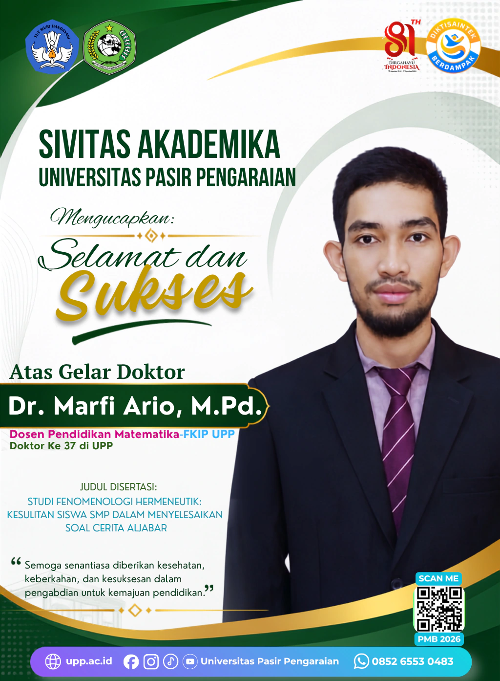 Tahniah Doktor ke 37, Rektor UPP Apresiasi Kelulusan Dr. Marfi Ario, M.Pd.